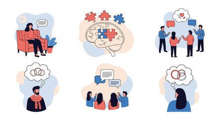 Fototapeta premium Set of vector illustrations representing mental health, psychology, communication, and human relationships with characters and thought bubbles.