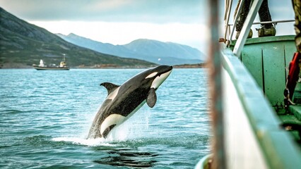 The orca or killer whale (Orcinus orca) eat some fish escape the nets from Trawlers ship in the Norwegian sea, the fjords of Norway.  © pinan