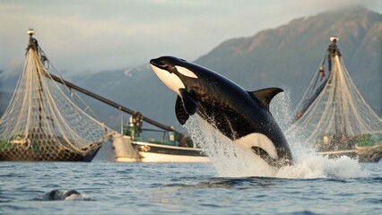 The orca or killer whale (Orcinus orca) eat some fish escape the nets from Trawlers ship in the Norwegian sea, the fjords of Norway.  © pinan