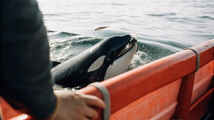 The orca or killer whale (Orcinus orca) eat some fish escape the nets from Trawlers ship in the Norwegian sea, the fjords of Norway.  © pinan