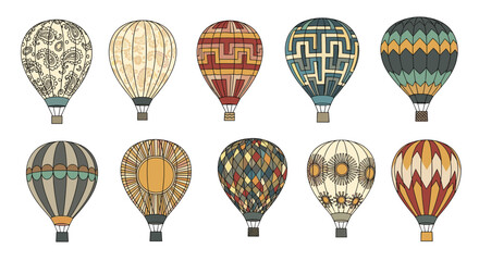 Fototapeta premium Collection of ten colorful hot air balloons featuring various intricate patterns and designs like stripes, geometric shapes, and floral motifs.