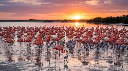 Fototapeta premium A flock of Caribbean flamingos (Phoenicopterus ruber) and chicks in breeding season with sunset, Yucatan Peninsula, Mexico. 