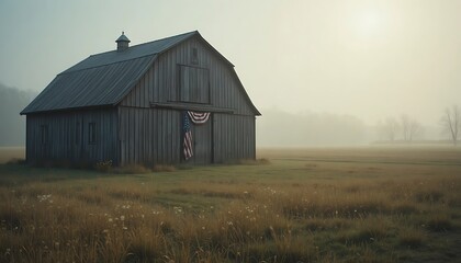 Obraz premium Old rustic wooden barn with an american flag hanging in a quiet field during a misty morning sunrise. american flag on barn