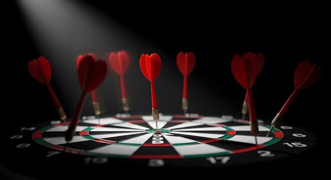 Goal achievement concept, red dart hitting the exact center, symbol of focus, accuracy and outstanding performance