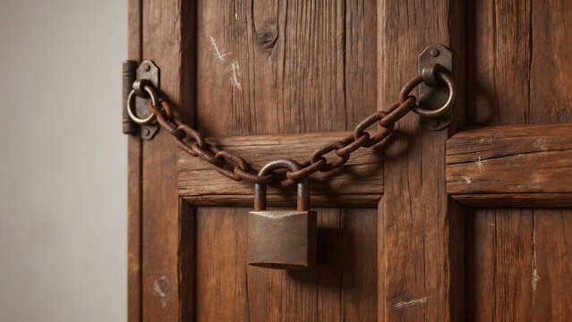 Rusty chain and padlock on wooden door