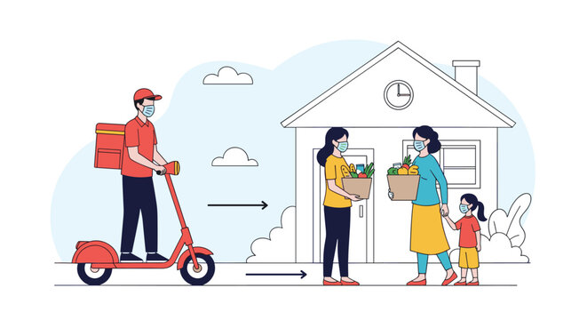 Contactless delivery service during a pandemic with a masked courier on a scooter delivering groceries to masked family members at their home.
