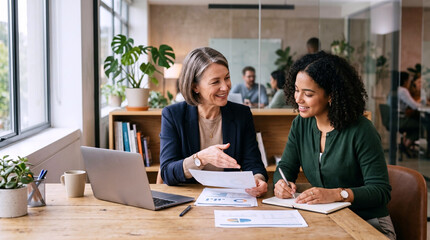 Obraz premium Smiling Senior Businesswoman Mentoring Young Mixed Race Female Colleague Over Reports and Laptop in Bright Office