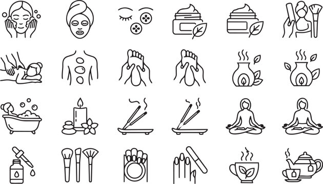 Spa and wellness icons: beauty massage yoga aromatherapy line art set
