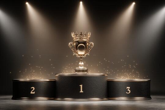 Premium gold trophy placed on a first second third place platforms with numbers, dramatic golden spotlight beams from above, surrounded by falling confetti, dark elegant background