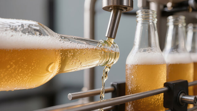 Industrial process of filling glass bottles with fresh lager beer on an automated production line. Concept of brewery manufacturing, beer bottling plant, and quality control