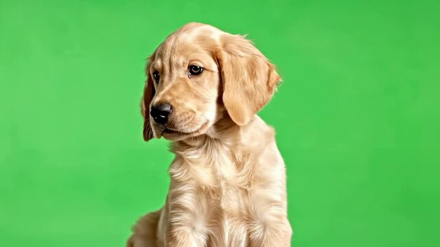 Golden Retriever Puppy Sitting Calmly Against Bright Green Background with Curious Expression