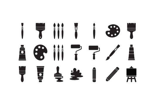 Painter tools, art supplies, black icons, 20 graphics, vector illustrations, painting equipment