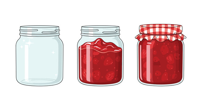 A visual progression shows three distinct glass jars lined up: an empty one, a filled jar of red jam, and a sealed jar with a red checkered lid.