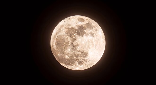 A close-up, detailed view of the full moon against a dark, starless night sky, showcasing its craters and surface texture.