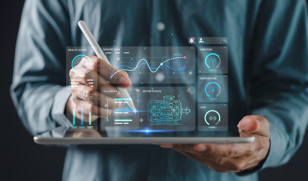 Predictive maintenance condition monitoring concept hands using tablet stylus virtual dashboard sensor data motor health analysis, Equipment inspection, Diagnostics, System optimization, Automation