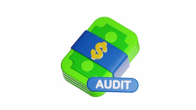 3d ux icon motion stack of money with an audit label  suitable for finance, accounting, business, taxrelated designs, marketing materials, and presentations.