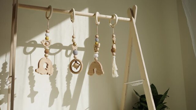 Natural wooden baby gym with hanging rattles, beads, and eco-friendly toys swinging in a sunlit room. The gentle movement creates playful shadows on the wall, stimulating a newborn's senses