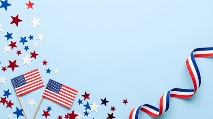 Fototapeta premium American Patriotic Background with USA Flags Stars and Ribbon Border