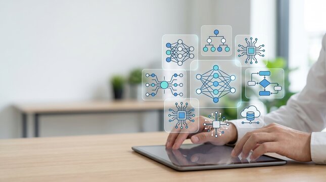 Artificial intelligence concept, user interacting with neural network, machine learning algorithms and data structure icons on tablet screen in modern office environment.