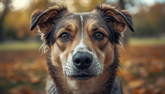 Close-up portrait of a beautiful mixed-breed dog with expressive brown eyes and a soft, blurred autumn background.