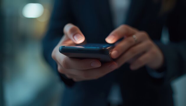Close-up of a person's hands using a smartphone, fingers typing on the illuminated screen with soft bokeh background.