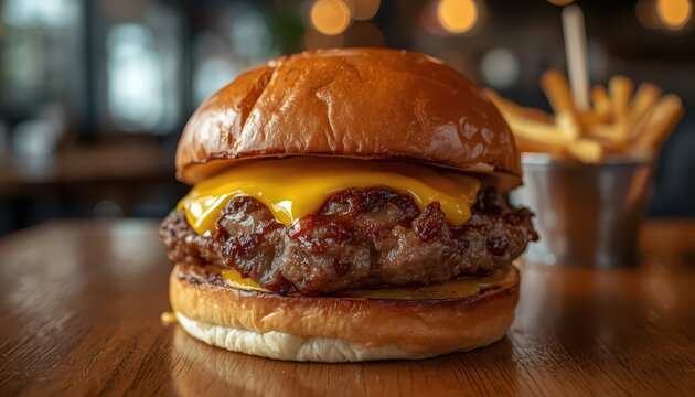 A juicy, gourmet cheeseburger with melted cheddar cheese and a side of crispy french fries.