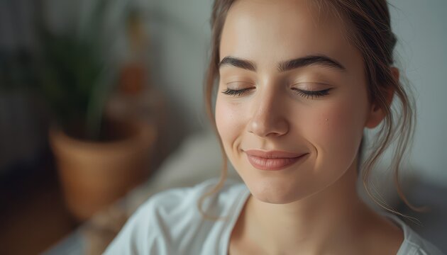 Close-up portrait of a young woman with closed eyes, a gentle smile, and soft natural light, conveying peace and serenity.