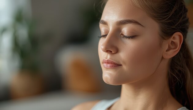 Close-up profile of a young woman with closed eyes, appearing serene and peaceful, with soft lighting.