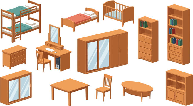 Isometric wooden furniture set for bedroom and living room interior design elements isolated on white background flat vector illustration