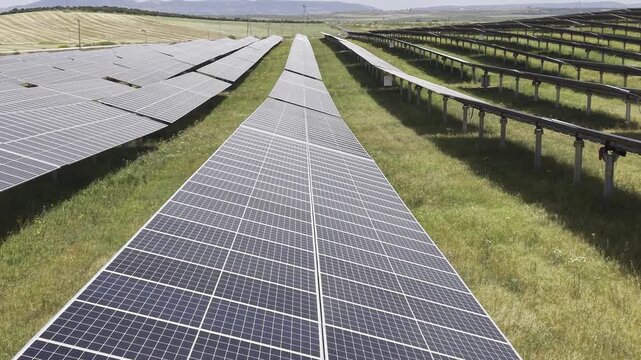 Plano a&eacute;reo de drone de una Planta de energ&iacute;a Termosolar en Espa&ntilde;a. Granja Solar con cultivo ecologico, agrovoltaica
