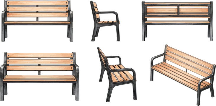 Realistic park bench vector set featuring outdoor wooden furniture from multiple angles including front side and perspective views isolated on white background
