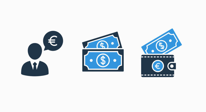 Icons representing finance and currency: person with euro symbol stack of dollar bills wallet with euro bills currency business transaction investment commerce exchange illustration abstract