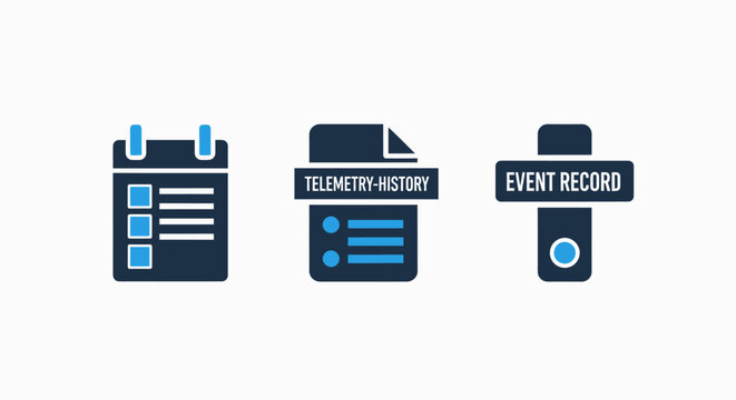 Icons for calendar telemetry record and event log data logging information management data processing dark blue white background project management calendar schedule planning telemetry