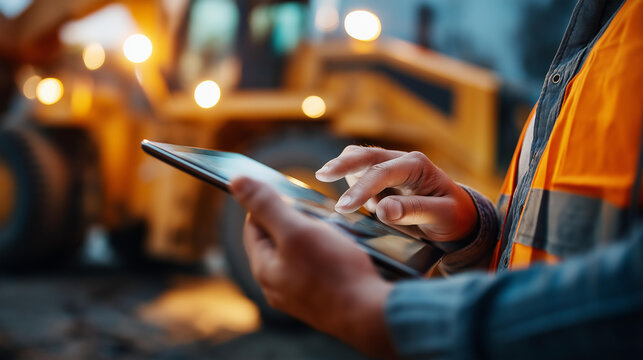 Hands of industrial worker using tablet amidst heavy machinery at active mining site digital monitoring technology in rugged industrial extraction environment professional