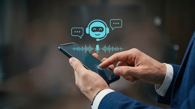Man using smartphone voice assistant technology with artificial intelligence chatbot interface for virtual communication and customer support services