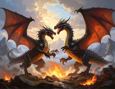 Two majestic dragons face off amidst fiery landscape and cloudy sky