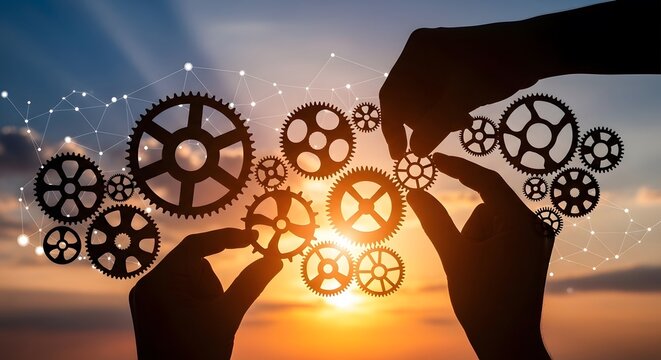 Systems thinking concept, human hands arranging interconnected, dramatic sunset sky, symbol of teamwork and integration