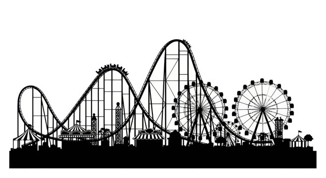 Amusement Park Silhouette: Roller Coaster, Ferris Wheels, and Rides at Sunset
