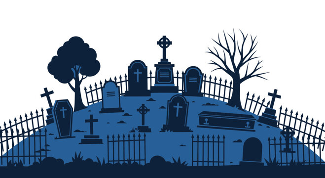 Spooky Cemetery Scene with Gravestones and Coffins - Halloween Vector Illustration