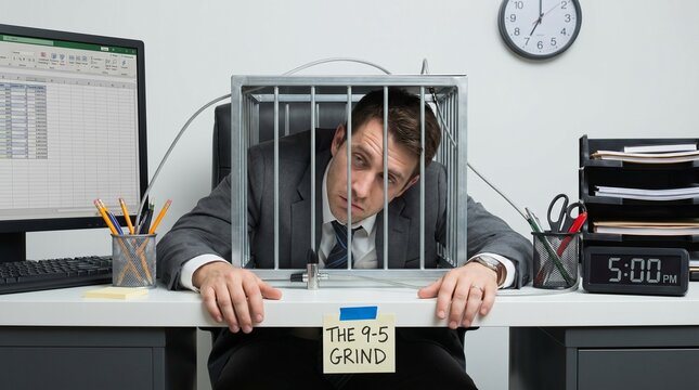 Businessman trapped in metal cage on office desk with 9 5 grind sign