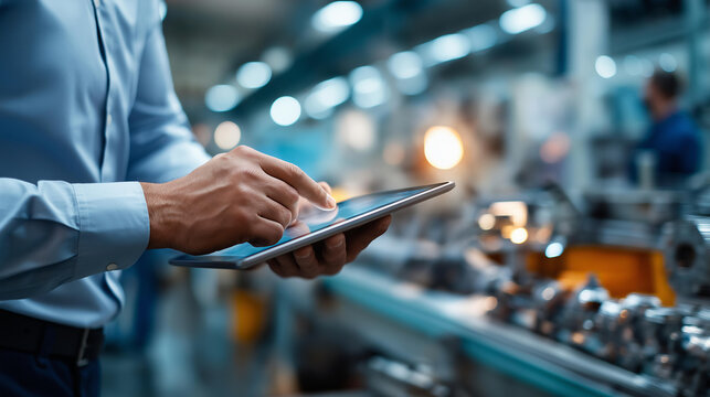 Hands of chief technical officer using tablet to monitor manufacturing process while walking through production facility young specialist in work attire inspecting metal