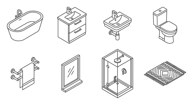 Isometric Bathroom Fixtures Collection: Bathtub, Shower, Toilet, Sink, Vanity, Mirror, Towel Rack