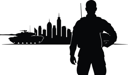Silhouette of soldier with city skyline and warship © SHARIFUL