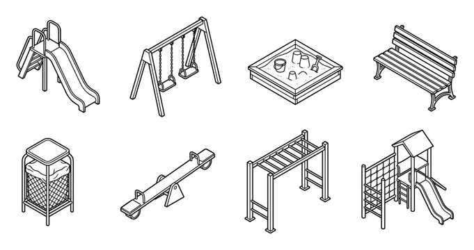 Isometric vector illustrations of playground equipment for children's outdoor recreation areas