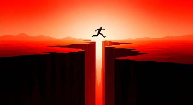 Risk taking concept, person jumping across a deep gap, symbol of courage, challenge and decisive action
