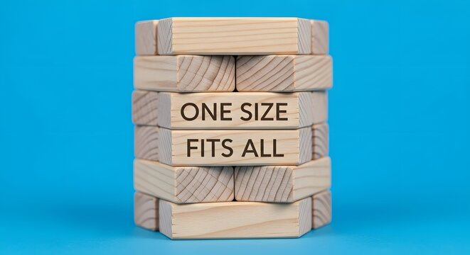 universal solution concept, stacked wooden blocks with the phrase one size fits all, symbol of generic approach and mass solution
