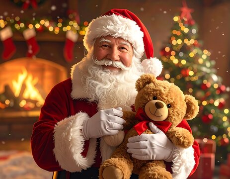 Santa Claus holding a teddy bear in front of a fireplace