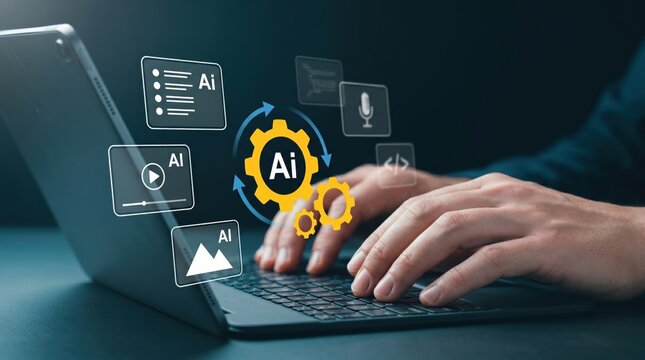 Developer coding AI software on laptop keyboard, artificial intelligence machine learning concept with gears and processing icons, neural network programming and automation