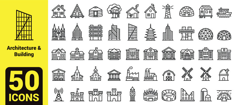 Architecture and Building Icon Set featuring Eco Houses, Skyscrapers, Educational Schools, Industrial Factories, Religious Temples, Historic Castles, Barns, and Global Landmarks.