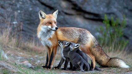 Fototapeta premium A mother fox and her cubs are standing together outdoors in nature.